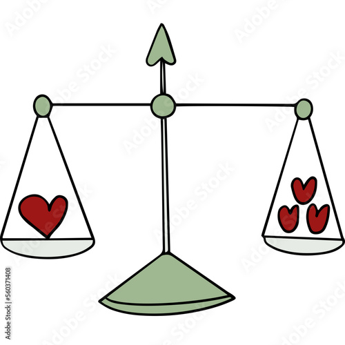 ancient scales and hearts. weight and make decisions about love. a feeling of love. Illustration of measuring relationship level with lover and spouse law.