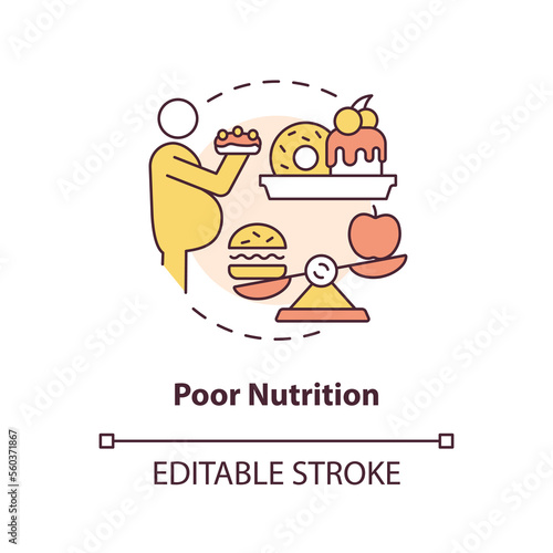Poor nutrition concept icon. Unhealthy diet. Chronic disease risk factor abstract idea thin line illustration. Isolated outline drawing. Editable stroke. Arial, Myriad Pro-Bold fonts used