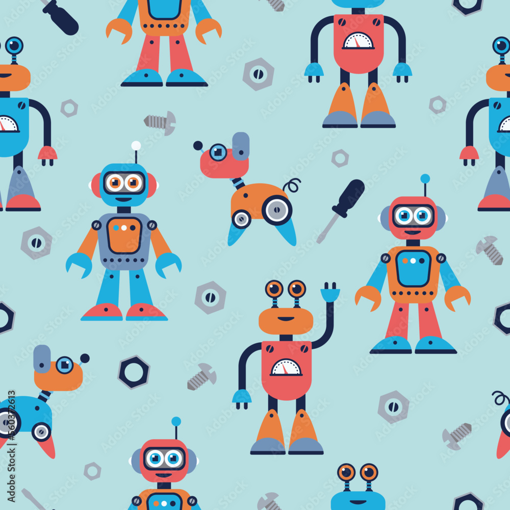Colorful seamless pattern with robots and tools in flat style. Cute cartoon retro, futuristic modern bots, smiling characters endless texture for fabric, baby clothes, background, textile.