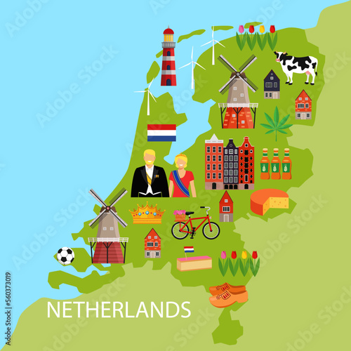 Vector illustration in cartoon style with symbols of Netherlands. Holland map with traditional design elements