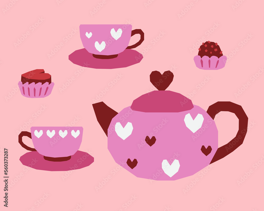 Teapot with cups decorated with hearts and chocolates. Festive tea party on Valentines Day. Teapot with cups decorated with hearts and chocolates. Festive tea party on Valentines Day.