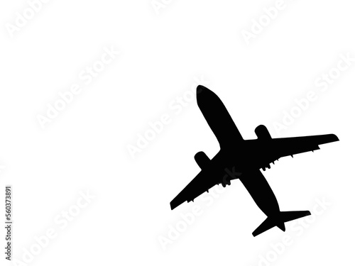 Silhouette of a passenger jet flying overhead on a plain white background. Copy space. No people.