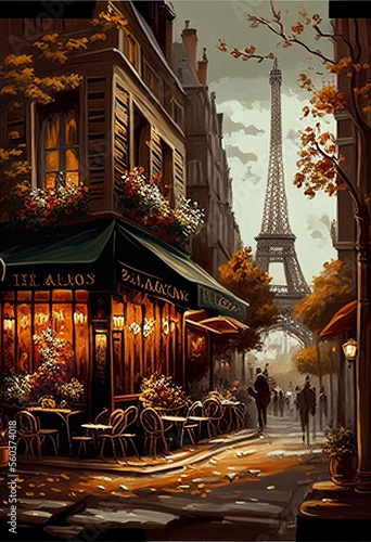 beautiful paint by number of cafe in Paris with the Eiffel tower . Ai generative