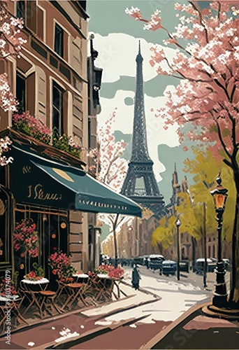 Fotografi beautiful paint by number of cafe in Paris with the Eiffel tower