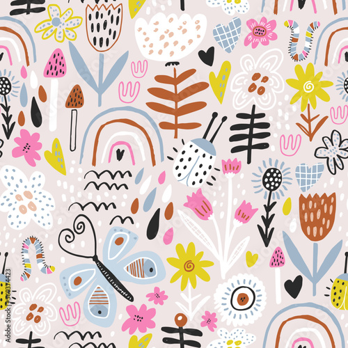 Seamless hight detailed botanical pattern with rainbows, mushrooms, bugs, butterfly, flowers, leaves. Hand drawn pink Floral texture for fabric, textile, digital papers. Vector illustration