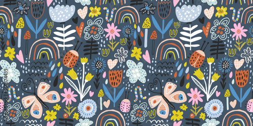 Seamless hight detailed botanical pattern with rainbows, mushrooms, bugs, butterfly, flowers, leaves. Floral texture for fabric, textile, digital papers. Vector illustration