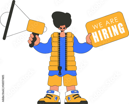 A man with a megaphone, symbolizing the search for people in the labor market. human drawing.