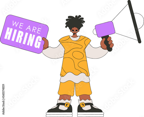 The man is holding a megaphone. Attracting workers.