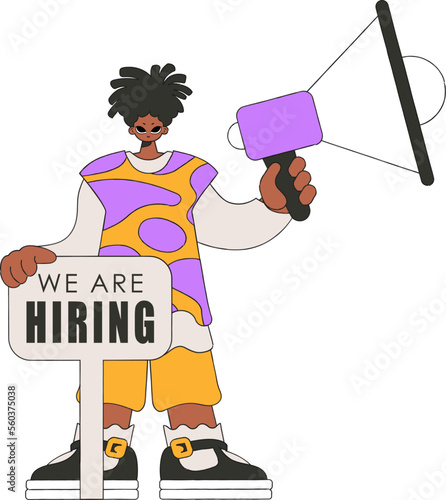 A man holds a megaphone in his hands. Recruitment and search of personnel.