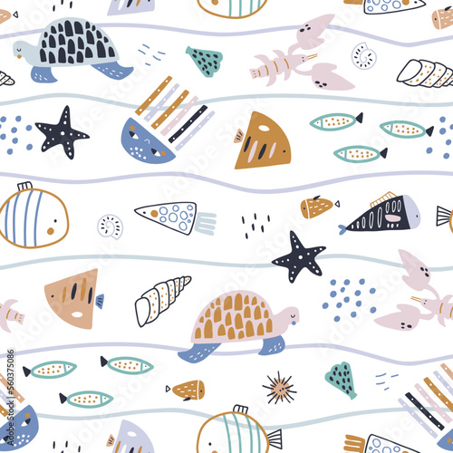 Seamless pattern with cute fish, octopus, ramp fish,turtle lobster. Creative childish vector undersea background. Perfect for kids apparel, fabric, textile, nursery decoration, wrapping paper.