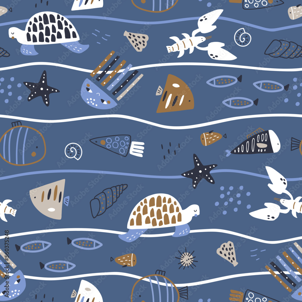 Obraz premium Seamless pattern with cute fish, octopus, ramp fish,turtle lobster. Creative childish navy vector undersea background. Perfect for kids apparel, fabric, textile, nursery decoration, wrapping paper.