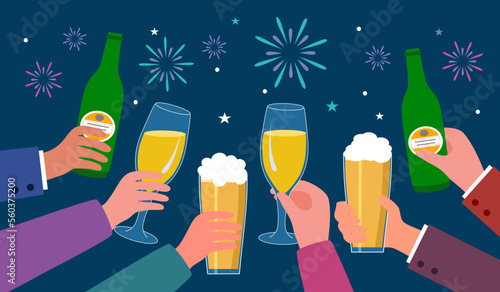 Beer and wine glasses toast celebration party in flat design.