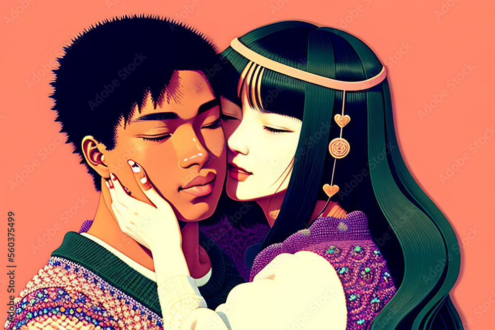 interracial couple in traditional costume hugging, touching face, kiss with eyes closed Generative AI