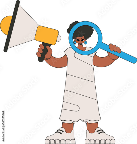 A girl with a megaphone, symbolizing the search for people in the labor market. Attracting workers.