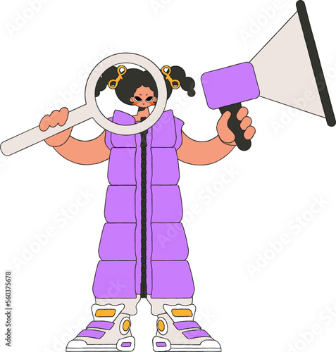 A girl with a megaphone, symbolizing the search for people in the labor market. human drawing.