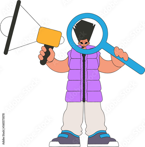 A man holds a megaphone in his hands. Human resource and recruitment.