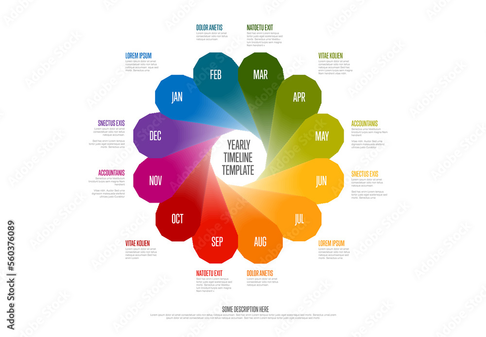 Spring Flower Timeline Full year timeline template with 12 month in rainbow circle flower ...
