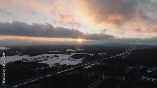 Winter Landscape In Mont Orford, Quebec Canada During Sunset. Aerial Wide Shot photo