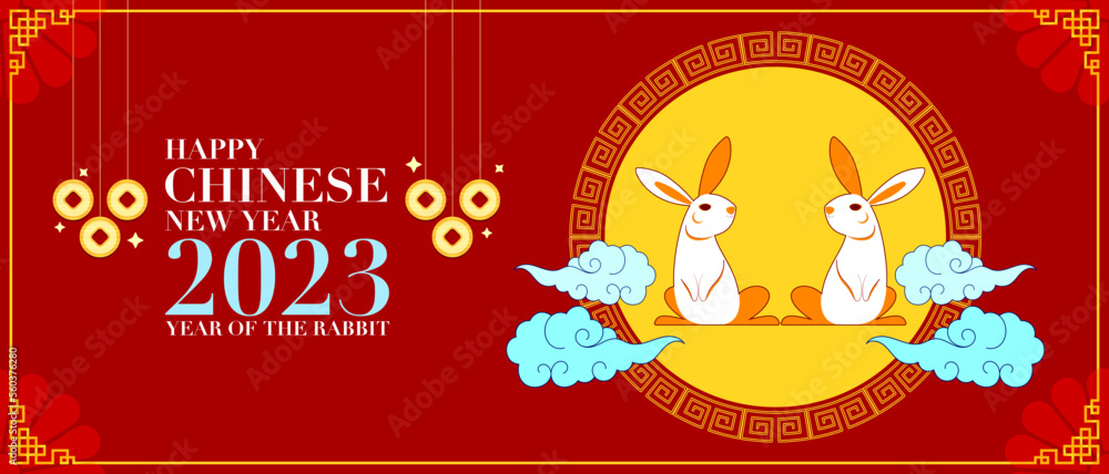 Chinese New Year 2023 greeting card with cute rabbit on red background. Year of the Rabbit.animal cartoon characters Happy New Year. Chinese New Year 2023 greeting card with cute rabbit on red background. Year of the Rabbit.animal cartoon characters Happy New Year.