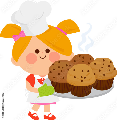 Girl cook in apron holding a tray with freshly baked muffins. Vector illustration