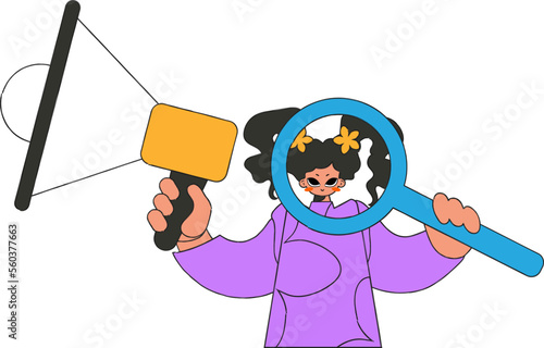 A woman with a megaphone, symbolizing the search for people in the labor market. human drawing.