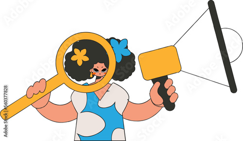 A woman is holding a megaphone. Attracting workers.
