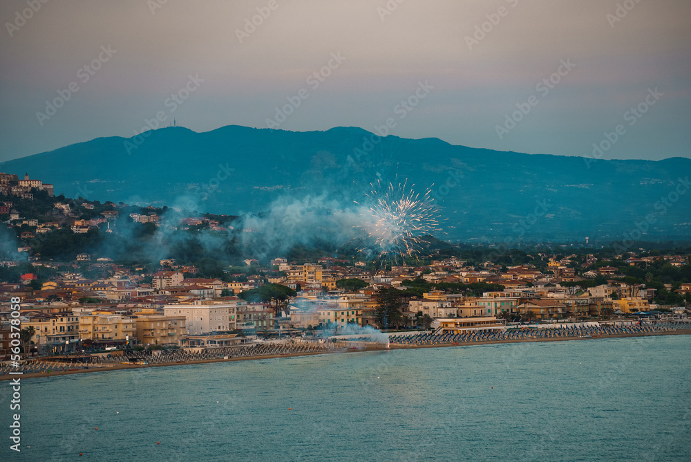 Fireworks on the coast of the city of Skauri in Italy.