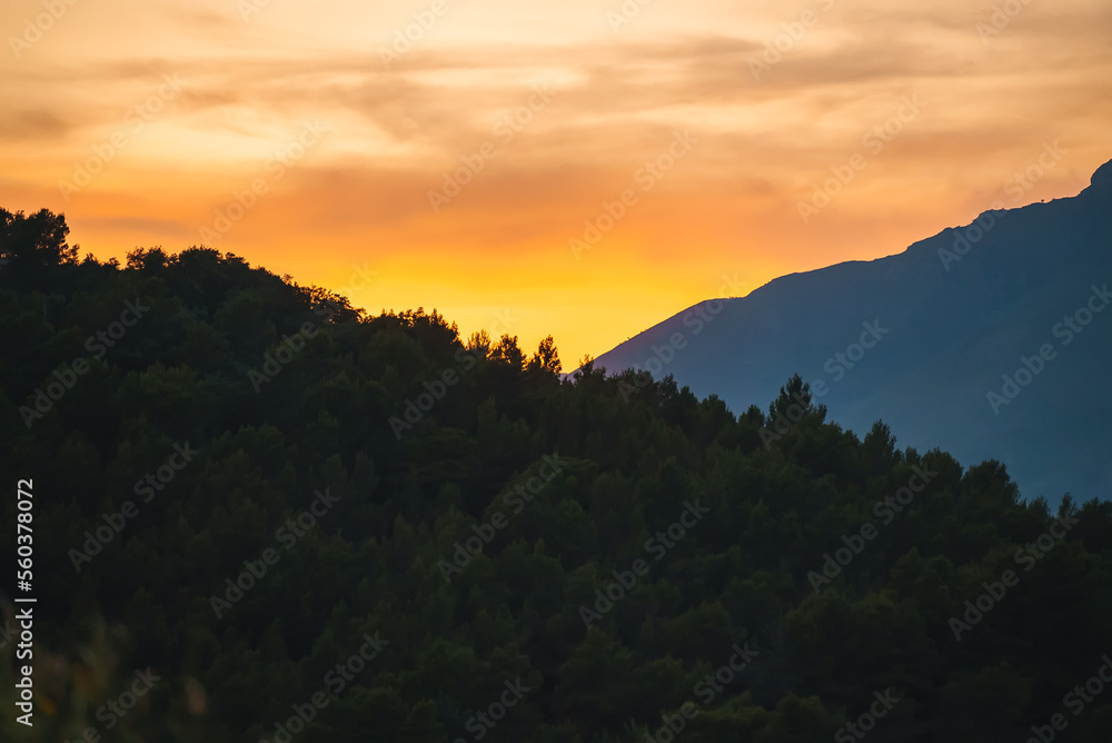 Sunset over Monte Petrella mountain in Italy.