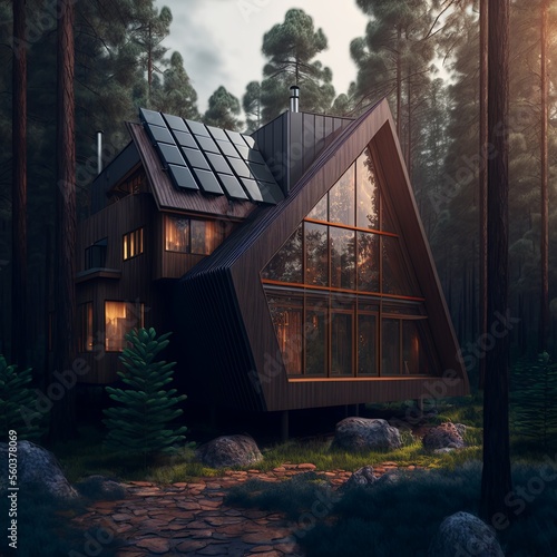 Modern wooden house in the forest with solar panels installed on the roof. Concept for green energy solutions and sustainability.
