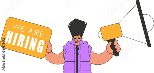 A man with a megaphone, symbolizing the search for people in the labor market. The sphere of human resources.