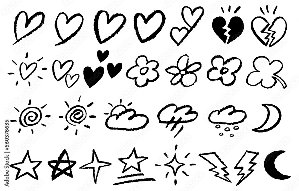 Naklejka premium Hearts, flowers and weather icons, 하트와 꽃, 기상 아이콘들