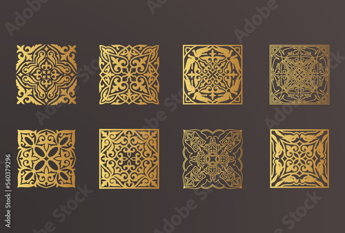 Set of 8 islamic golden ornaments on black background in vector. Circular ornamental arabic symbols. Abstract Asian elements of the national pattern of the ancient nomads of the Kazakhs, Tatars.