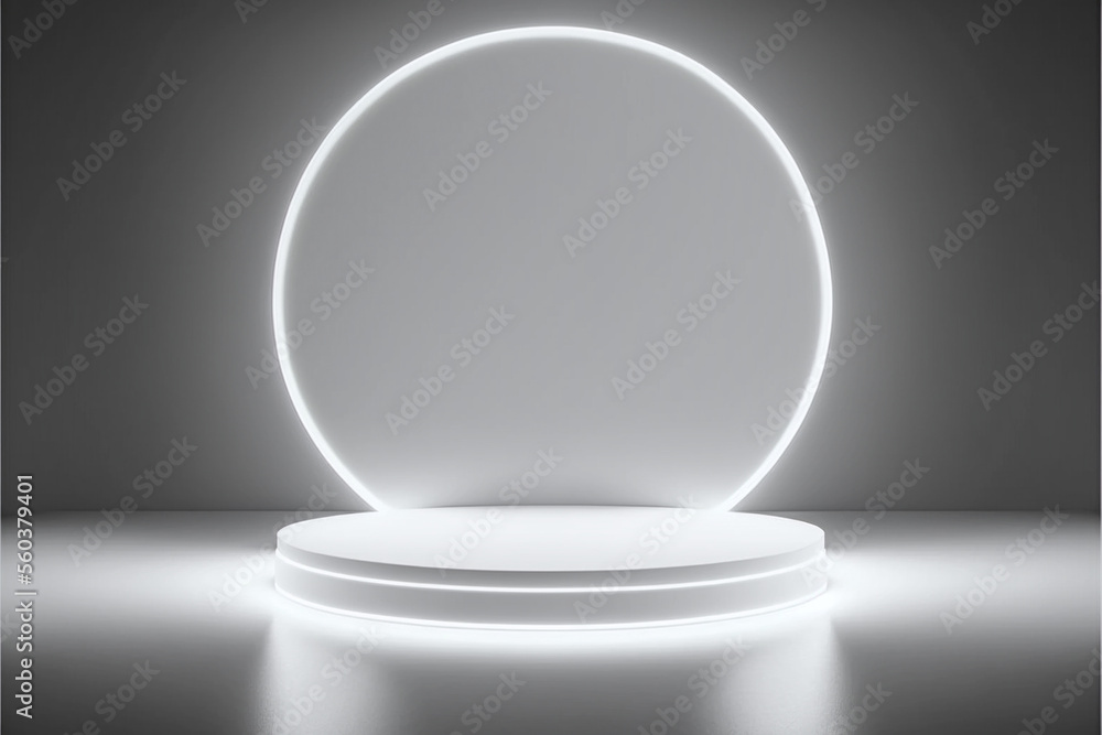 Showcase in sleek neon white, modern minimalist product display stage pedestal with glowing background, 3d illustration. Showcase in sleek neon white, modern minimalist product display stage pedestal with glowing background, 3d illustration.