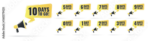 Number 0, 1, 2, 3, 4, 5, 6, 7, 8, 9, 10, of days left to go. Collection badges with megaphone sale, landing page, banner.