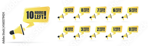 Countdown 0, 1, 2, 3, 4, 5, 6, 7, 8, 9, 10 hours left label or emblem set. Hours left counter icon with hour glass promotion, promo offer. Flat badge with number of count down time.
