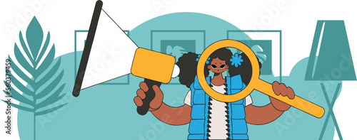 The concept of personnel search. A woman is holding a megaphone in her hands.