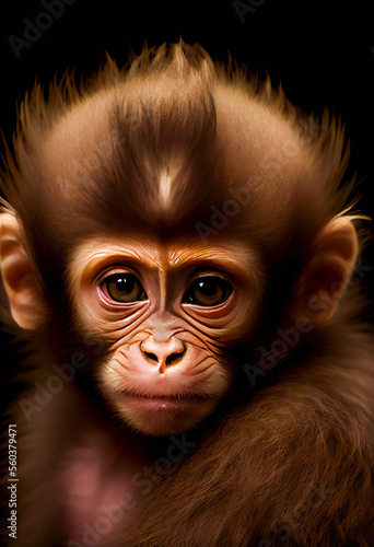  Cute baby monkey portrait on black background.  Generative AI. © EwaStudio