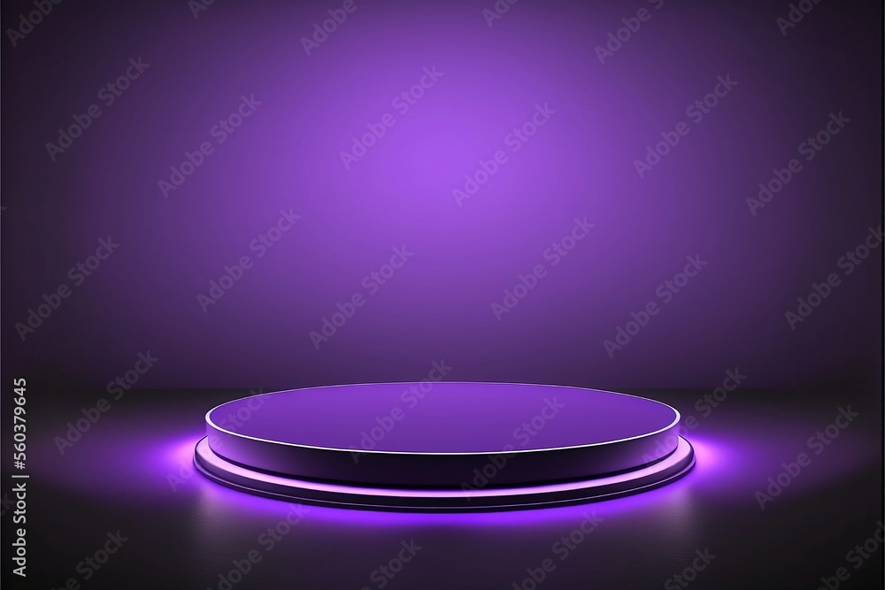 Purple neon showcase, mockup round product display stage with violet minimalist background, 3d illustration. - obrazy, fototapety, plakaty 