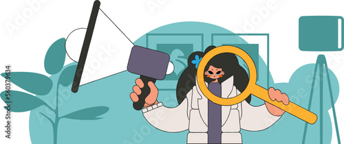 The concept of personnel search. A girl with a megaphone, symbolizing the search for people in the labor market.