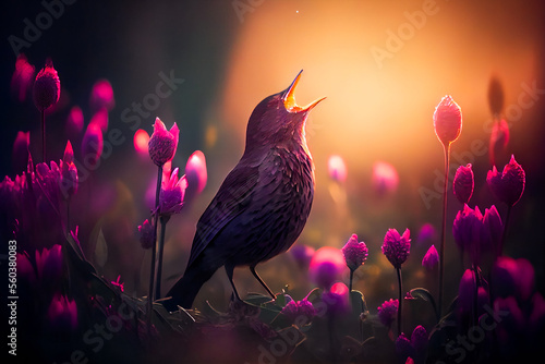  Singing Song Bird in Field of Flowers. Generative AI.
