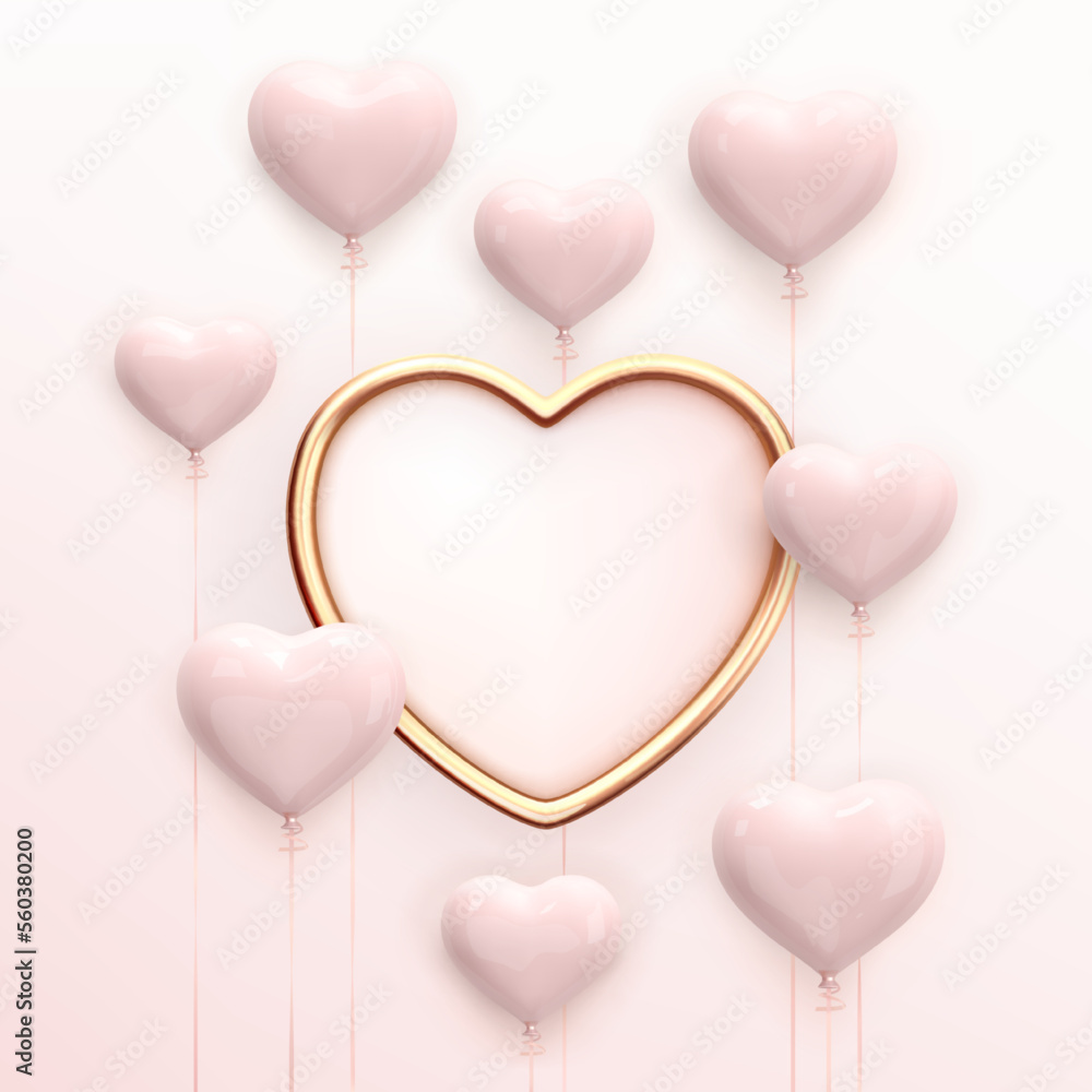 Love card with heart frame and heart balloons. Holiday Decoration Banner. Heart shaped medallion with gold trim surrounded by pink glossy heart shaped balloons on white background. Realistic 3d vector