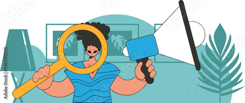 The concept of attracting employees. The guy holds a megaphone in his hands.