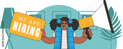 Topic Recruitment and search for personnel. Woman with a megaphone. labor market.