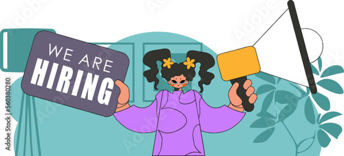 Topic Recruitment and search for personnel. Woman with a megaphone. labor market.