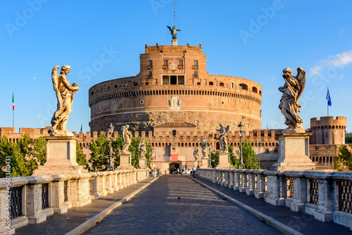 Fototapeta Castle and bridge of the Holy Angel at sunrise, Rome, Italy