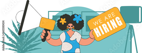 Topic Recruitment and search for personnel. A girl with a megaphone, symbolizing the search for people in the labor market.