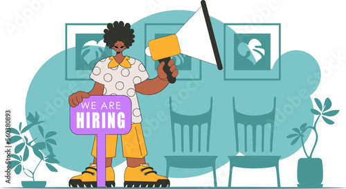 Topic Personnel search. A guy with a megaphone, symbolizing the search for people in the labor market.