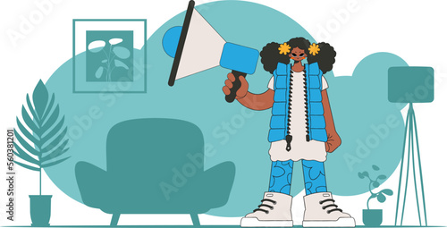 Topic Personnel search. A girl with a megaphone, symbolizing the search for people in the labor market.