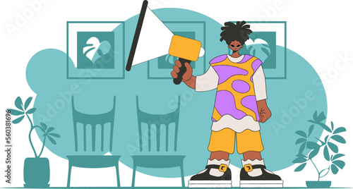 Topic Personnel search. A man with a megaphone. labor market.