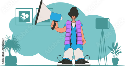 Topic Personnel search. A man with a megaphone, symbolizing the search for people in the labor market.